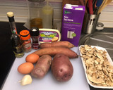 Foto del paso 1 de la receta: Parmentier de patata y batata, champiñones y huevo poche con aceite de trufa