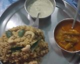 A picture of step 6 of Samai Pongal with narial chutney and Sambar.