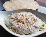 Foto del paso 6 de la receta: Espaguetis con salsa de almendras, puerro y champiñones 🍝