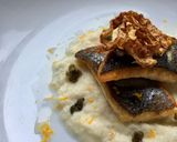A picture of step 2 of Pan seared seabass fillet on fennel puree with fennel crisps and crispy capers.