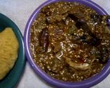 A picture of step 1 of Garri pie and okro soup.