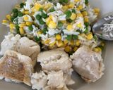 A picture of step 5 of Hake with Jasmine Rice and veg.
