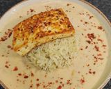 A picture of step 15 of Peri Peri Paneer Steak Bowl served with Herbed Rice and Peri Peri Sauce.