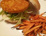 A picture of step 3 of Chicken burger with Cajun spiced sweet potato chips.