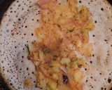 A picture of step 3 of Dosa with Sambhar and coconut chutney.