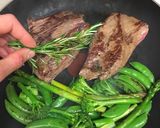 A picture of step 10 of Bavette steak. Soy portobello mushrooms, sweet potato and greens.