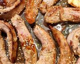A picture of step 7 of Duck Tenders with Honey, Balsamic Vinegar, and Sesame, Vitelotte Potatoes Two Ways: Fan-Roasted and Mashed.