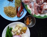 A picture of step 1 of Meat with dry whole spices.