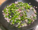 A picture of step 6 of Scrambled Eggs with Green Peppers, Red Onion, and Coulommiers Cheese.