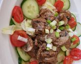 A picture of step 6 of Balsamic Mustard Mushrooms in a creamy sauce & Salad.