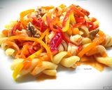 A picture of step 6 of Fusilloni with Datterini Tomato Purée, Shrimp, Mini Peppers, and Walnuts.