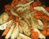 A picture of step 17 of Heritage chicken. Celeriac puree and mixed veg. Festive.