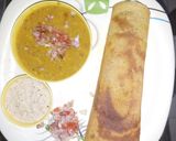 A picture of step 5 of Masala Dosa with Sambar and Coconut Chutney.