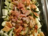 Barbecue csirke édesburgonya chipssel, zellerrel és cukkínivel