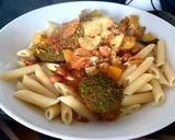 A picture of step 6 of Red pasta (the sauce is red, not the pasta. Vegan).
