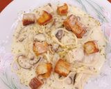 รูปขั้นตอนการทำที่ 4 ของ Spaghetti Carbonara Jay, Veganสปาเก็ตตี้คาร์โบนาร่า เห็ดหอม หมูกรอบ เจ, วีแกน