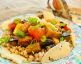A picture of step 6 of Warm aubergine salad with giantwholewheat couscous and smoked cheese.
