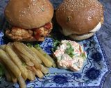 A picture of step 5 of Zinger burger with mayo salad and French fries.