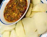 A picture of step 2 of Cooked yam with egg & spinach sauce🍽🥚🌶🍅🧅.