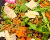 A picture of step 7 of Spiced sweet potato, puy lentil and rocket with honey and parmesan cheese.