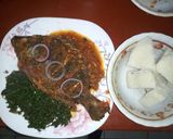 A picture of step 4 of Fried fish,ugali with greens(kunde,managu,terere and spinach).