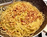 A picture of step 3 of Spaghetti with Genovese Pesto, Pecorino Romano, Toasted Walnuts, and Chopped Pistachios.