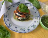 A picture of step 6 of Summer Eggplant Parmigiana with Basil Pesto, Buffalo Mozzarella, and Roasted Tomatoes.