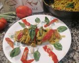 A picture of step 5 of Tagliatelle with Basil Pesto, Garden Vegetables, and Almonds.