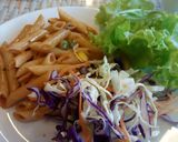 A picture of step 3 of Indian style corn mutter Penne pasta with salad.