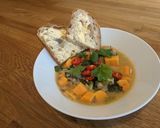 A picture of step 8 of Sweet potato and coconut green thai curry soup.