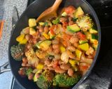 A picture of step 5 of Red pasta (the sauce is red, not the pasta. Vegan).