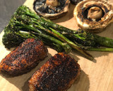 A picture of step 5 of Duck breast ‘yakitori’ with garlic mushrooms and tender stem broccoli.
