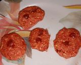 A picture of step 4 of Kaju ki burfi (cherries 🍒 and rose flavour) and laddoo (pan flavour).