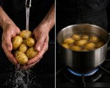 Foto del passaggio 1 della ricetta Sgombro Scottato con Patate alle Erbe, Spinacino Fresco e Salsa Tiepida di Ciliegie e Cipollotti