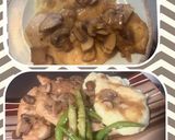 A picture of step 5 of Chicken Marsala: with mashed potatoes and garlic green beans.