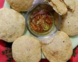 A picture of step 5 of Daal kachori with aloo bhaji +gajar moli ka pani wala achar.
