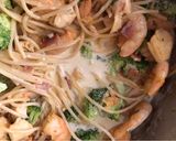 A picture of step 7 of Alfredo Pasta (Version 2 with Shrimp and Broccoli).