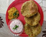 A picture of step 7 of Bajra methi Puri with mutter shallot and raita.
