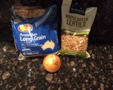 A picture of step 1 of Mjadra (Rice & Lentils).