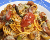 Foto del paso 8 de la receta: Spaghetti con Trigueros, Tomates Cherry, Aceitunas Verdes y Panceta al Pesto de Hierbas Provenzales