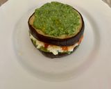 A picture of step 5 of Summer Eggplant Parmigiana with Basil Pesto, Buffalo Mozzarella, and Roasted Tomatoes.