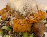 A picture of step 6 of Smokey lentils with roasted veg.