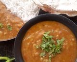 A picture of step 7 of Panchmel Dal with steamed rice.