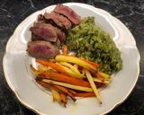 A picture of step 5 of Steak with brocolli mash and parsnip/carrot fries.