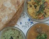 A picture of step 5 of South Indian cuisine platter(dosa,sambar,chutney,potato veggie).