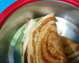 A picture of step 3 of Masala Dosa, sambar, coconut, dhania chutney.