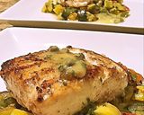 A picture of step 2 of Wild halibut with lemon honey butter caper sauce and succotash.
