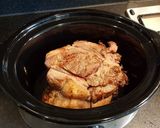 A picture of step 1 of Slow Cooked Shredded Beef. Roast Spuds and Roasted Broccoli.