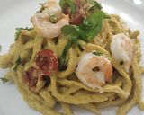 A picture of step 6 of Troccoli with Zucchini Blossom Pesto and Shrimp.