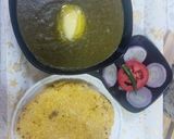 A picture of step 7 of Sarson ka Saag with makai roti.